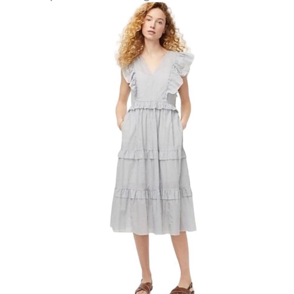 J Crew Ruffle-sleeve cotton voile dress grey and white‎ striped Size Small - Picture 1 of 15